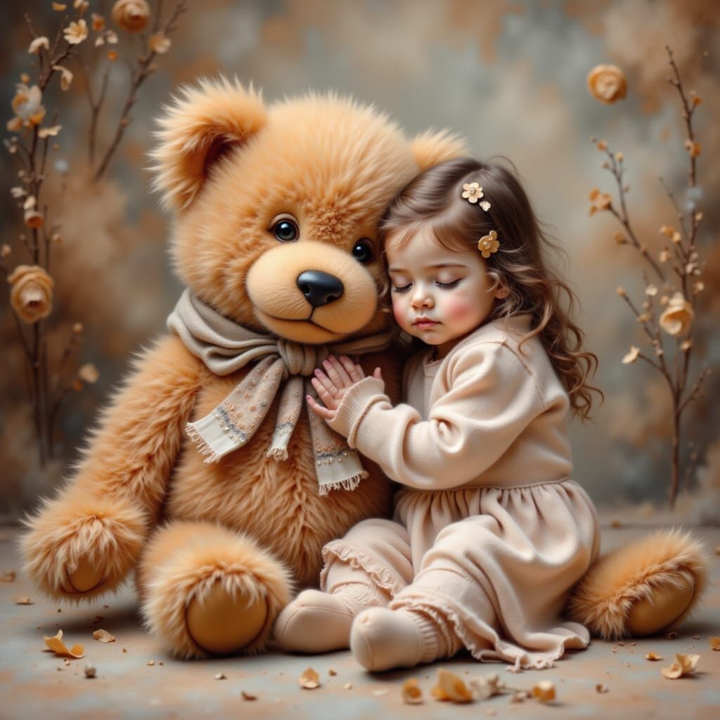 Cute Fluffy Teddy Bear Cuddles Child