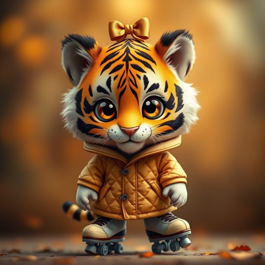 Whimsical Tiger on Wheels: Roller Skating Feline in Golden Q...