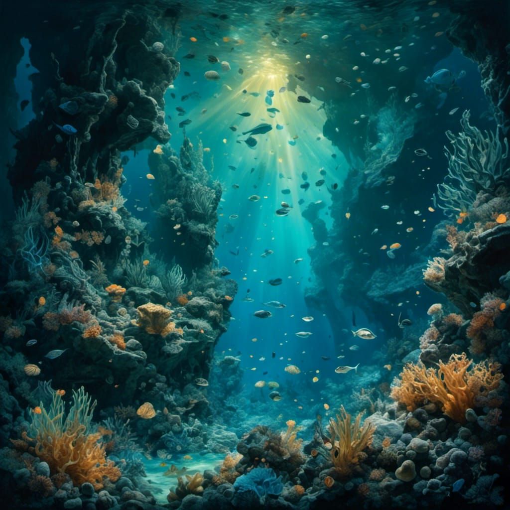 Bioluminescent Underwater Cavern in Hyperrealistic Oil Paint...
