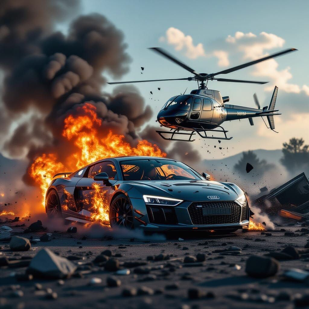 Audi R8 Helicopter Crash in Photorealistic Style