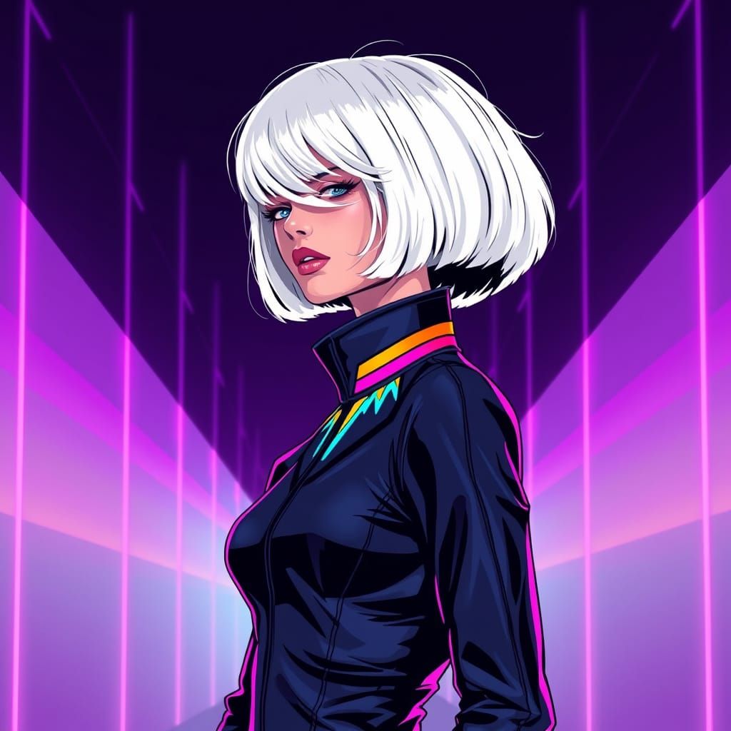 Futuristic Woman in Neon Geometric Stripes Jumpsuit