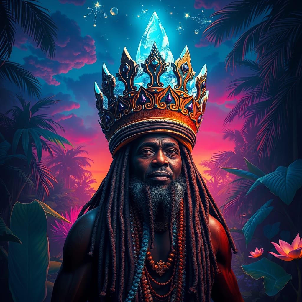 Rastaman with Wood & Ice Crown in Vibrant Jungle
