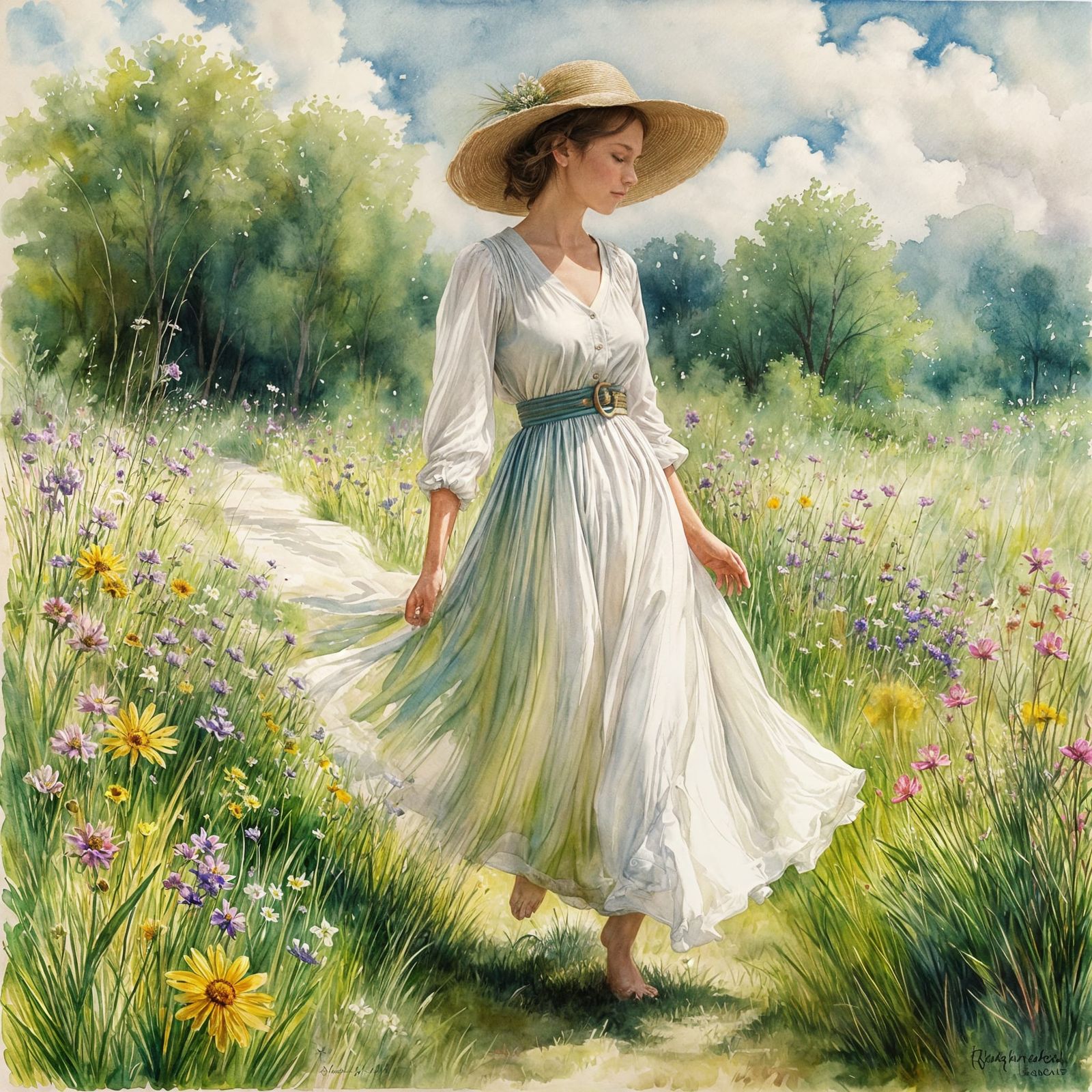 Vibrant Spring Landscape in Watercolor Style