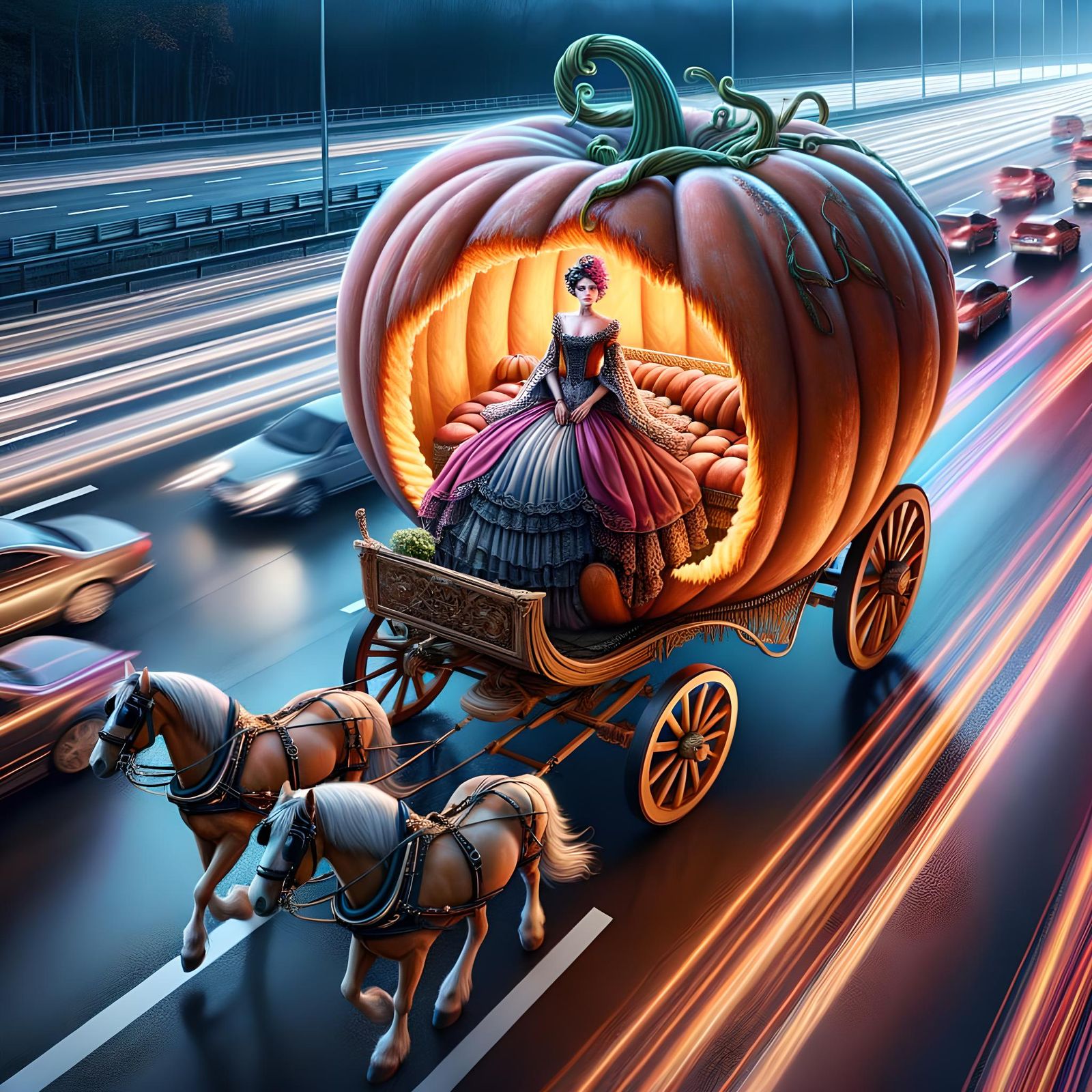 Fairytale Pumpkin Carriage on Modern Highway