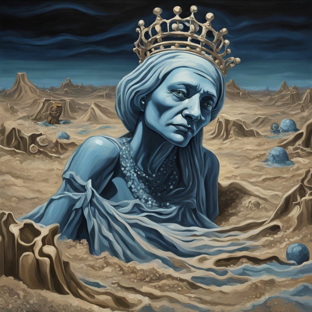 Surreal Queen Hugs Rubbish in Sand Pit Oil Painting