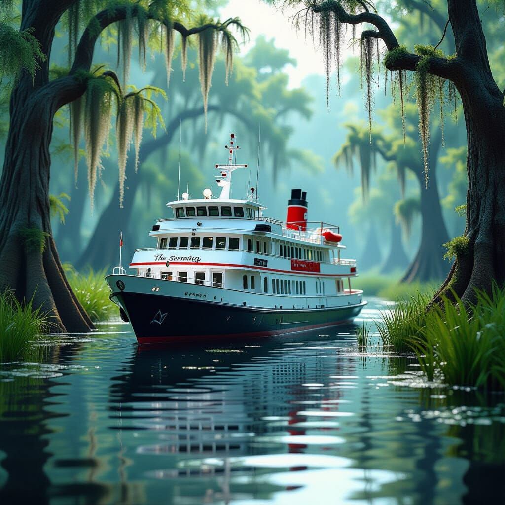 Miniature Cruise Ship Moored in Murky Swamp