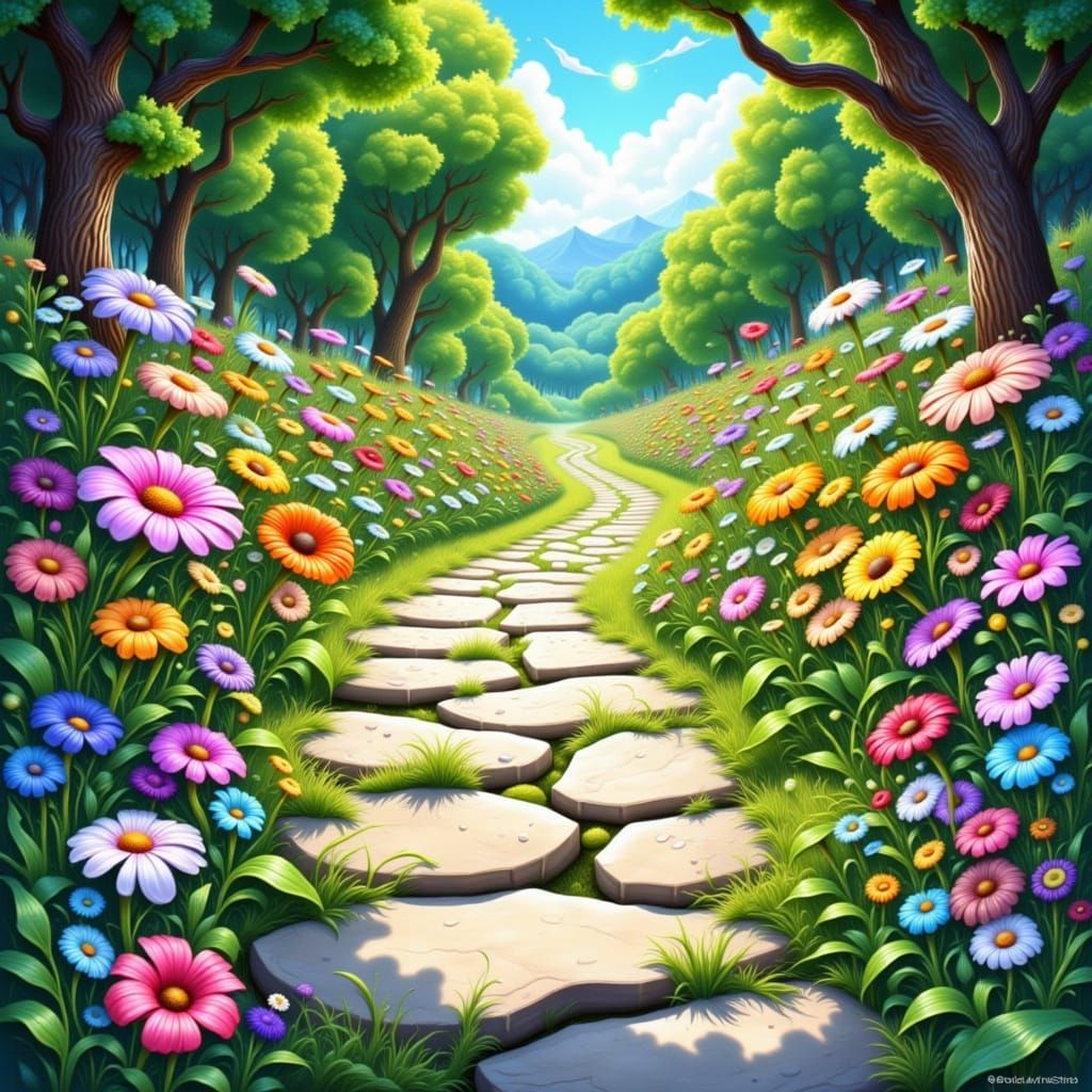 <lora:SpoRadicaL:1.0> <lora:Flux Enigmatic:1.0>  twisting stone sidewalk flowers among the grass, looking from top to bo...