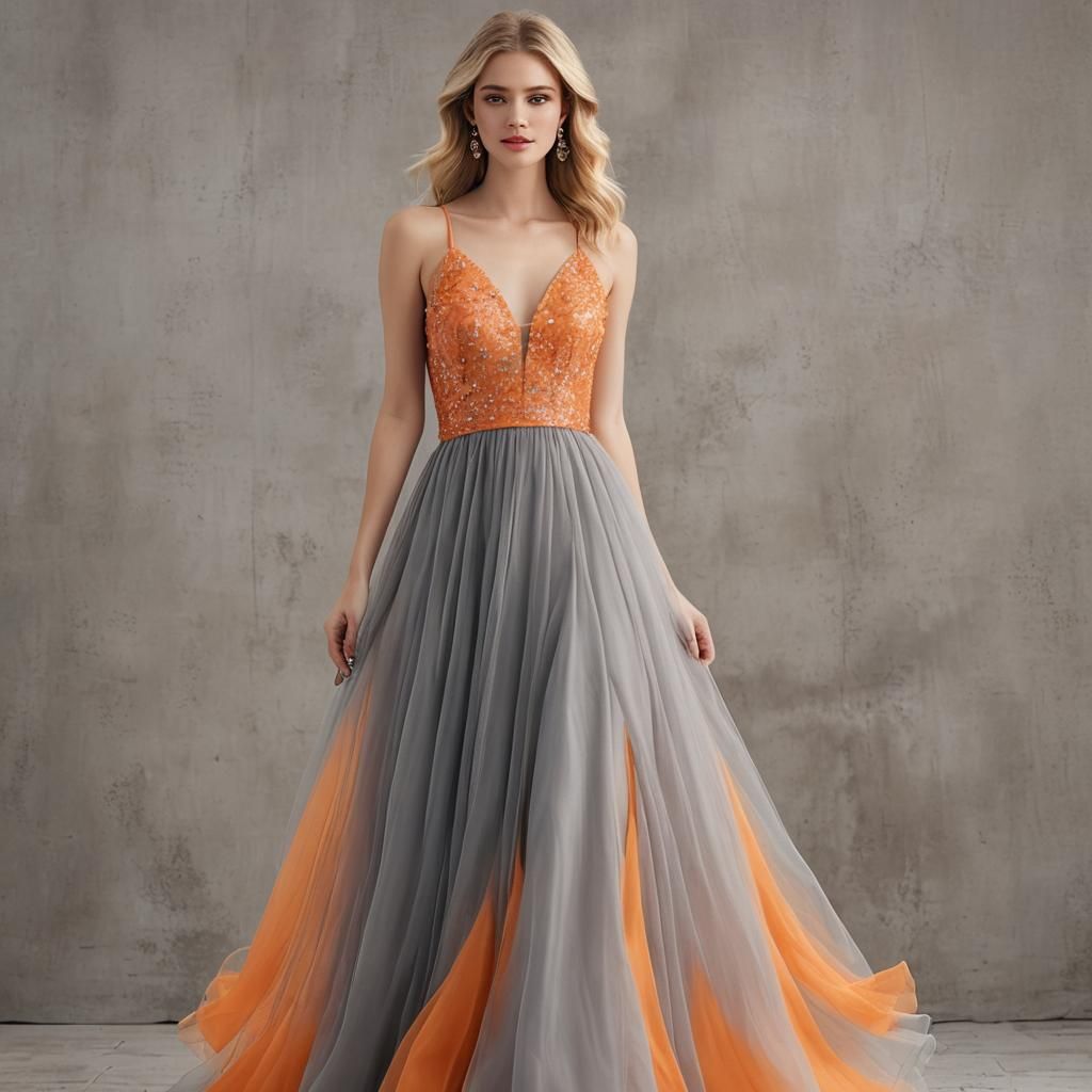 Blonde Girl in Orange Tulle Dress at Dusk