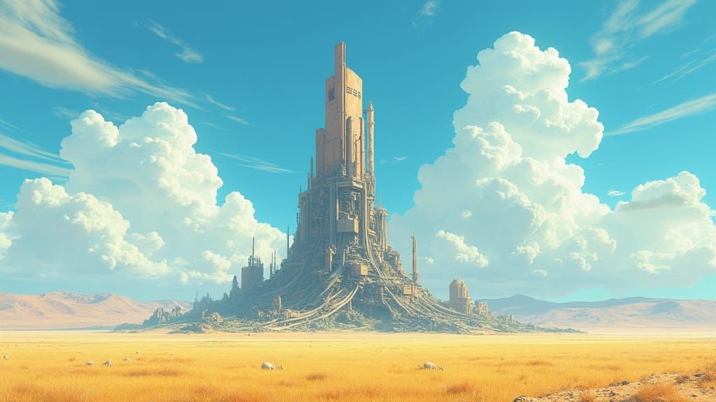 Sci-Fi Arcology in Golden Savanna, Anime Style