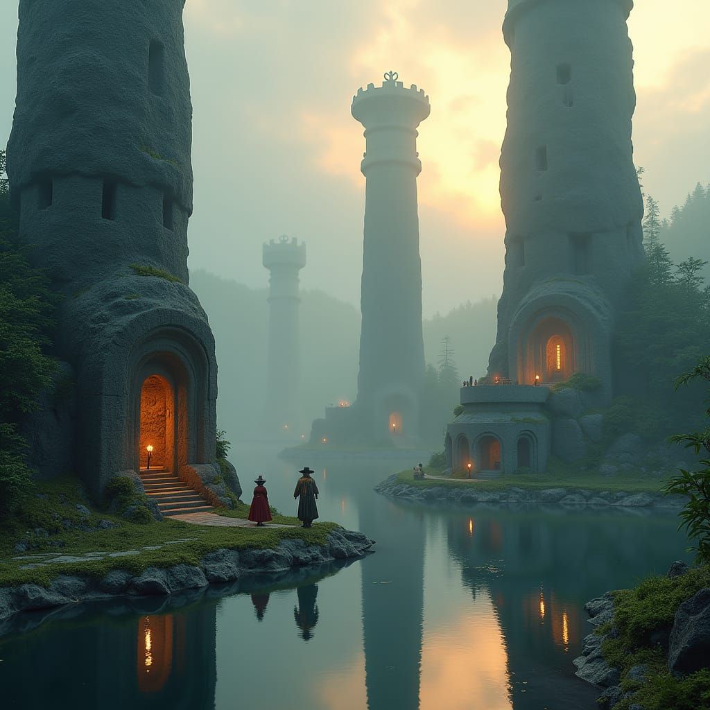 Mysterious Stone Columns Kingdom in Misty Lake