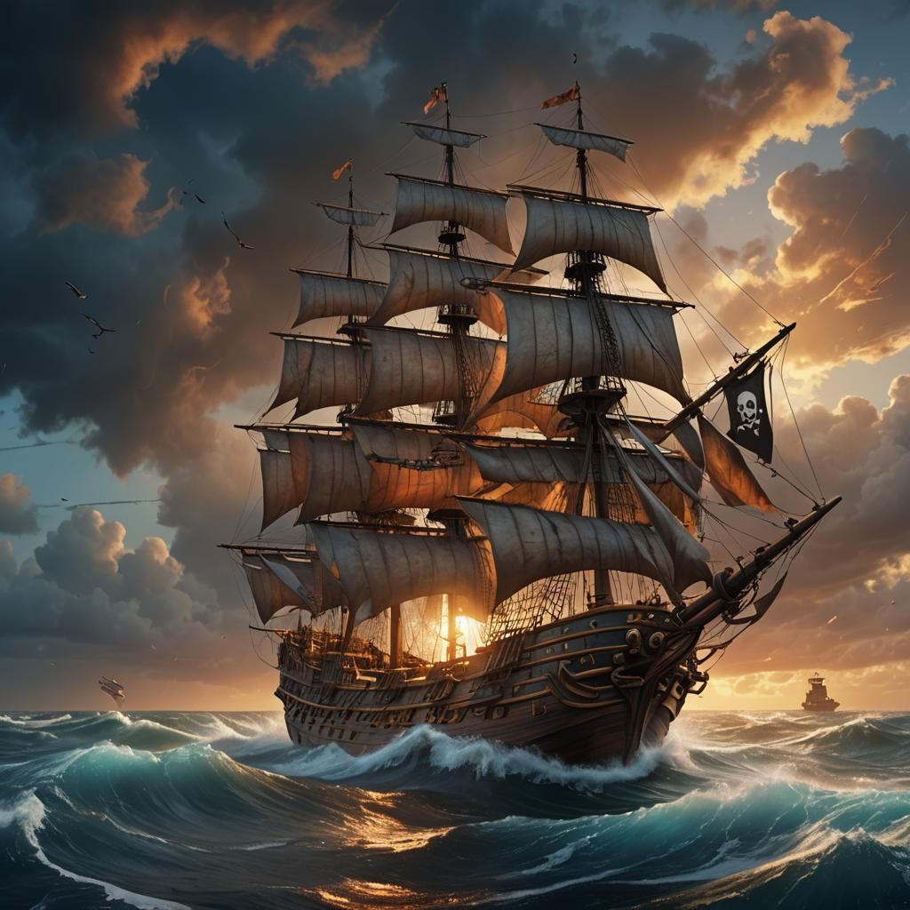Pirate Ship Sailing Stormy Seas in Pixar Style