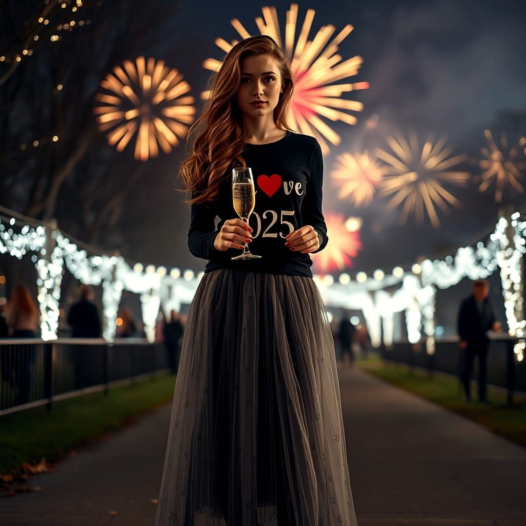 Elegant Woman Celebrating New Year's Eve in a Sparkling Park