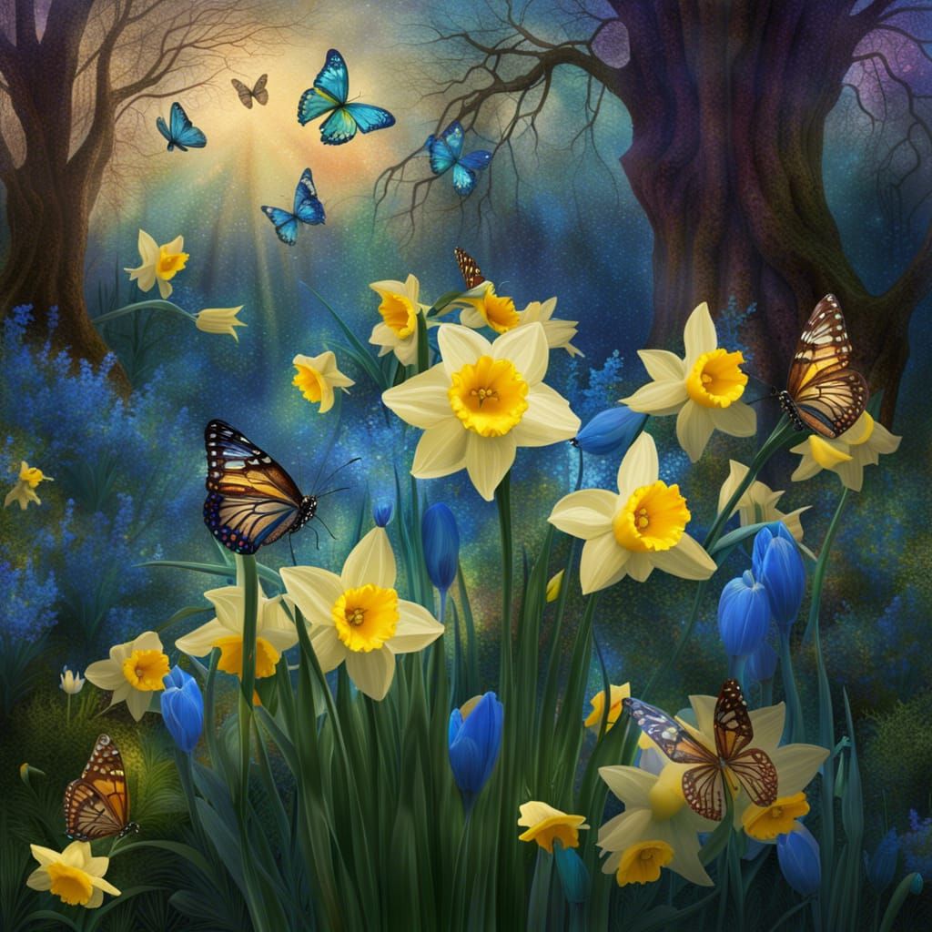 Spring Flowers with Butterflies: Holographic Astral Illustra...