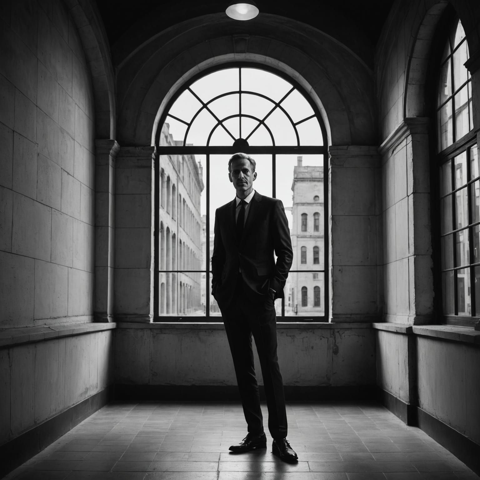Charismatic Man in Editorial Portrait with Arched Windows