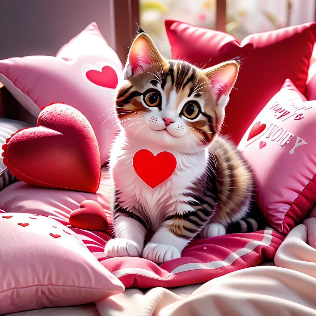 Cute Kitten in Valentine's Day Setting as 3D Art