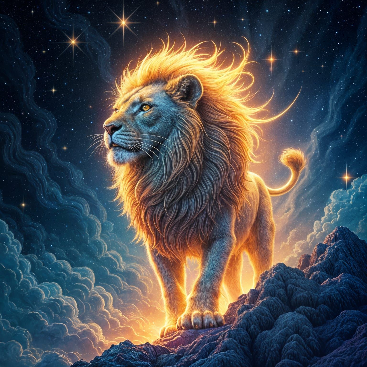 Majestic Cosmic Leo in the Starry Night Sky