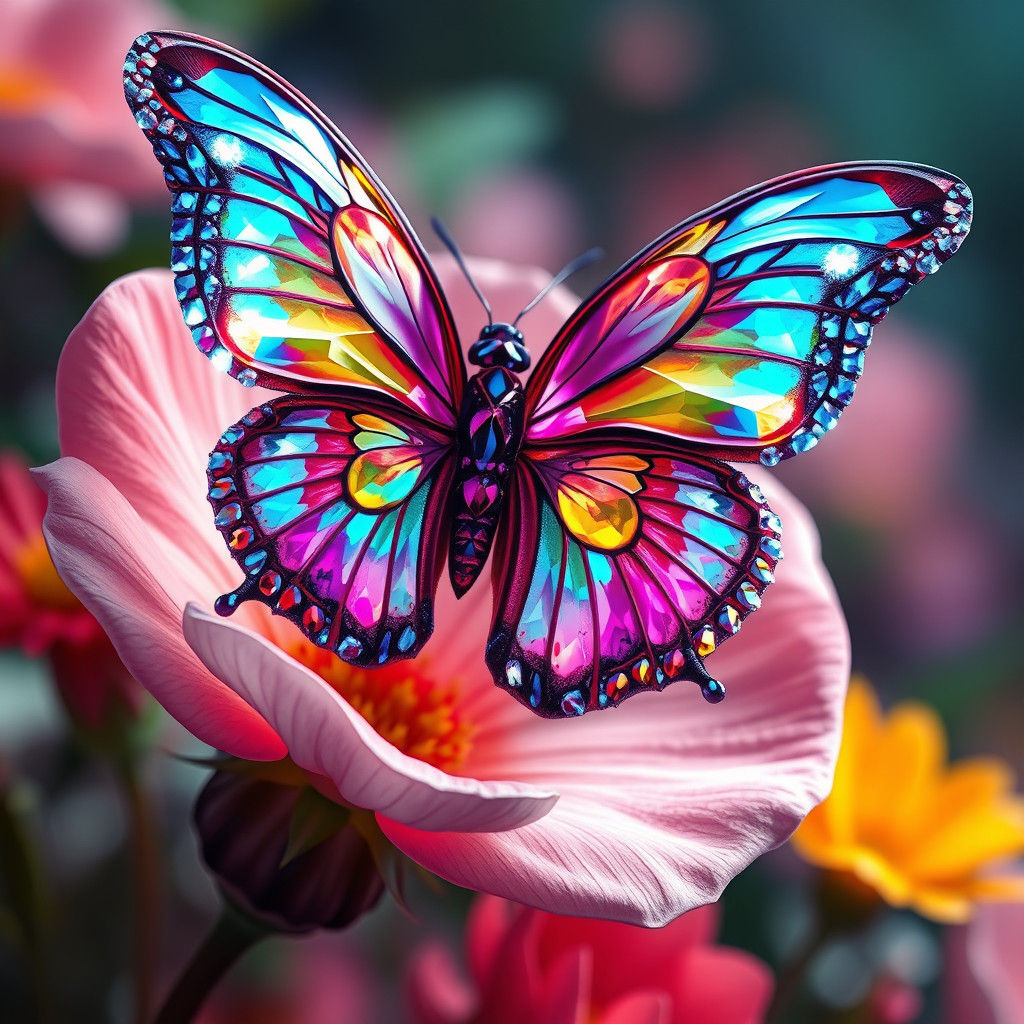 Crystal Butterfly on Flower, Fantasy Matte Painting