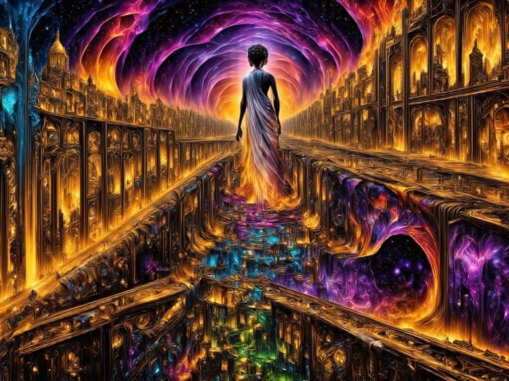 Radiant Woman Ascending Fractal Infinity Ladder