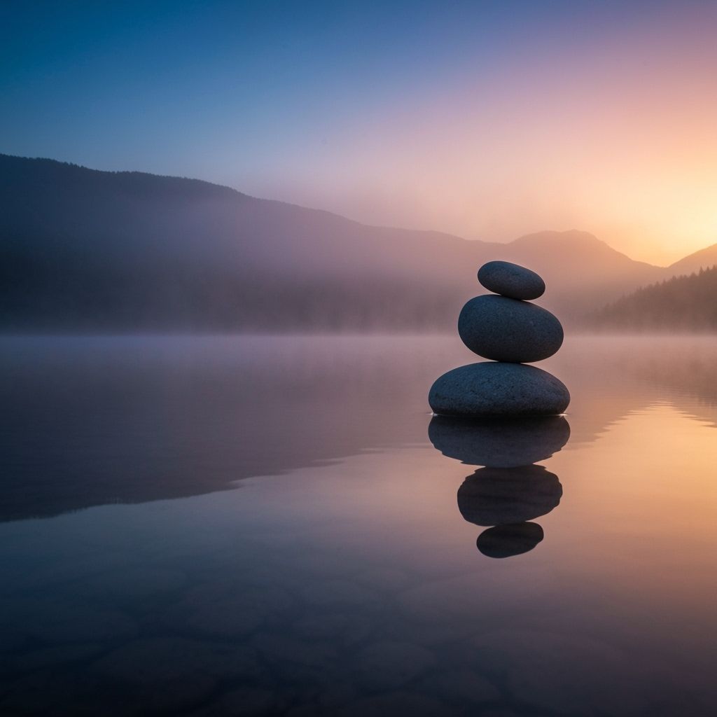 Serene Mountain Lake at Dawn with Stone Stack