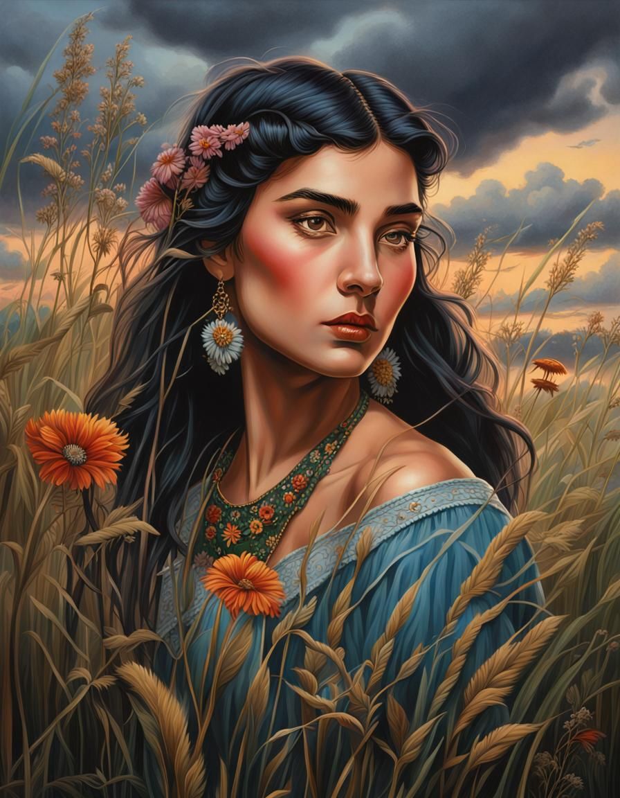 Detailed Painting of a Gypsy Girl in Field