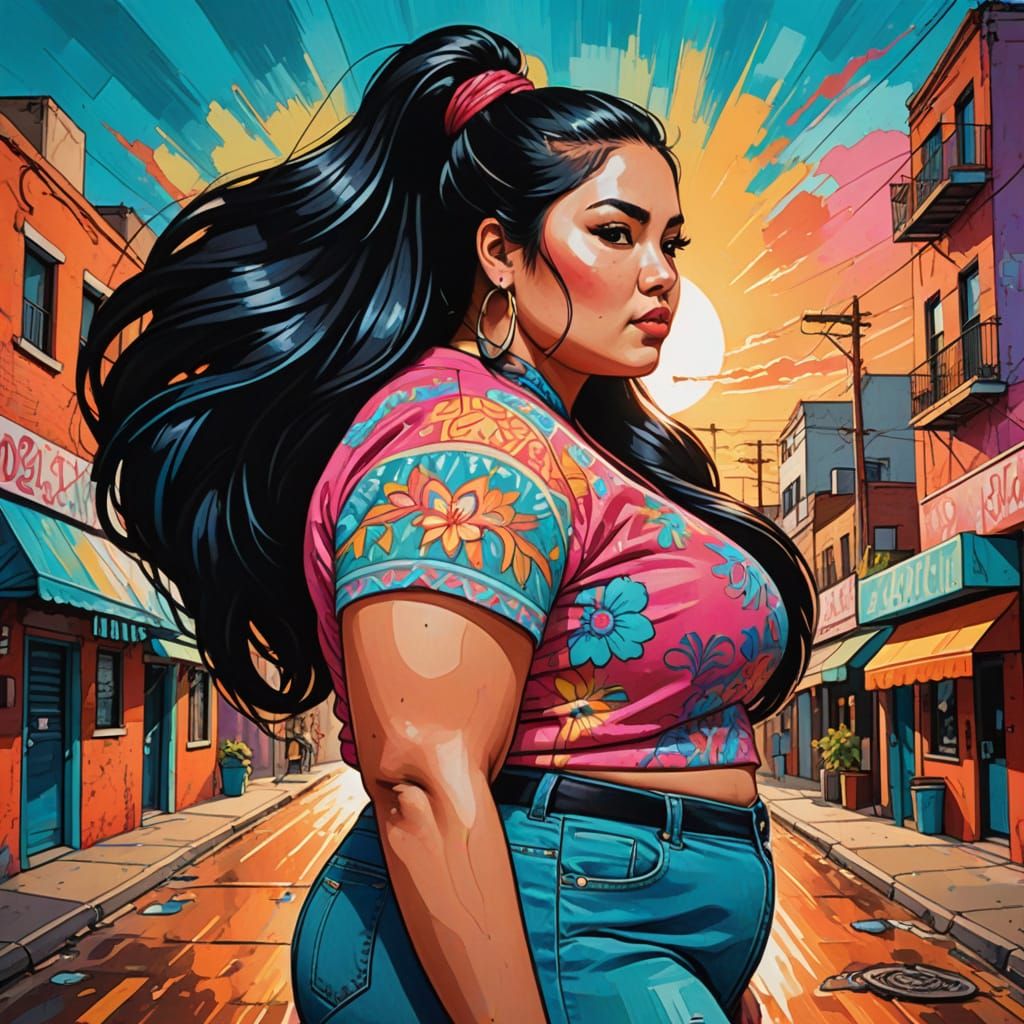 Vibrant Street Art Portrait of a Curvy Latin American Woman