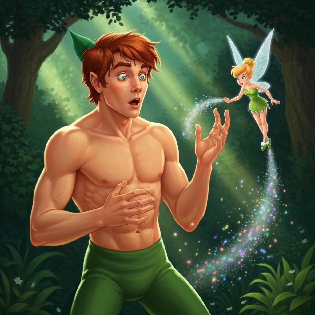 Muscular Peter Pan Surprised by Tinker Bell's Pixie Dust