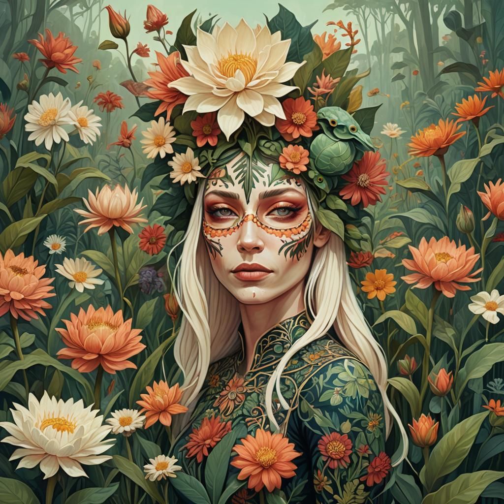 Woman with Flower Portrait in Illustrative Style