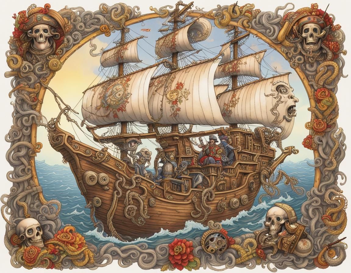 Ghost Pirate Ship in Arthur Szyk Style