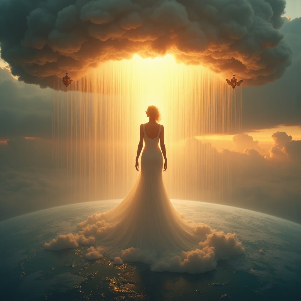 Majestic Goddess in Golden Light Shower, Hyperrealistic Art