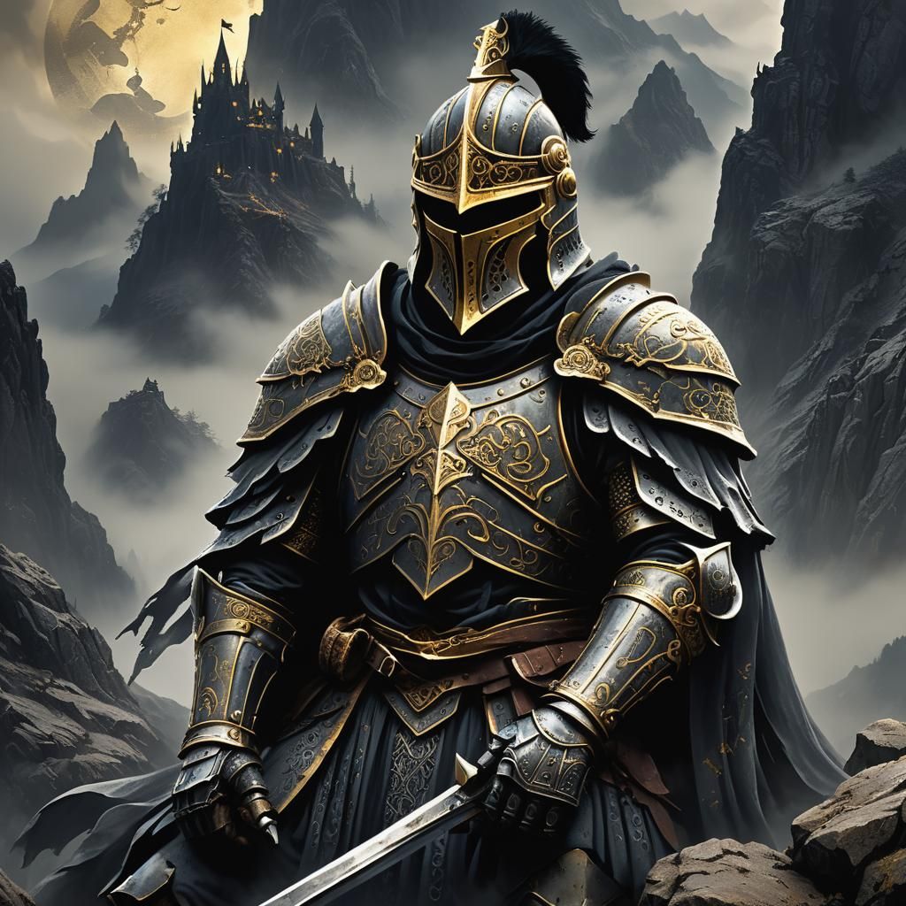 Noble Knight on Mist-Shrouded Mountain in Dark Fantasy Style
