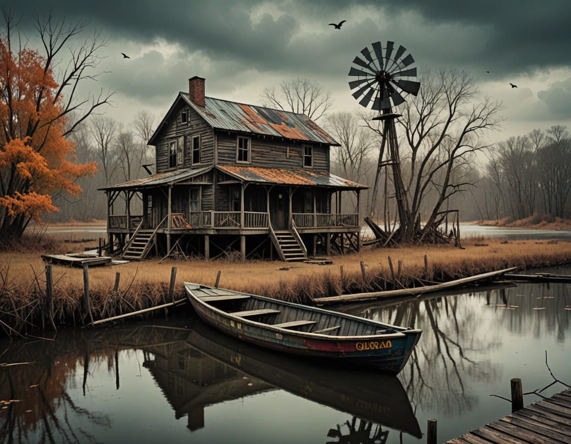 Creepy Gothic Cabin on Bayou with Crows