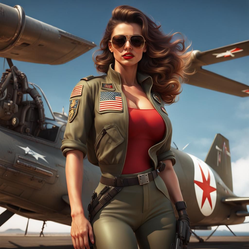 Hyperrealistic Top Gun Pinup Girl in Detailed Matte Painting
