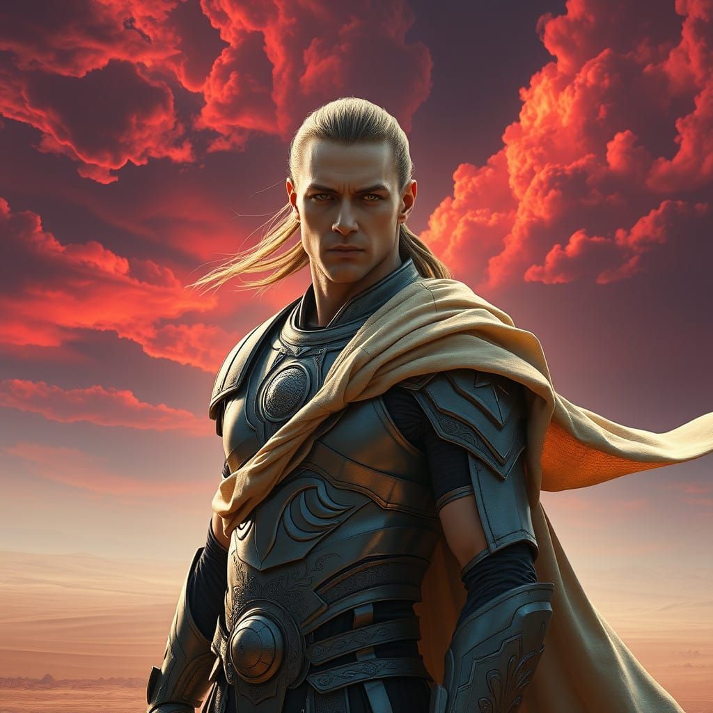 Heroic Desert Warrior in Futuristic Armor