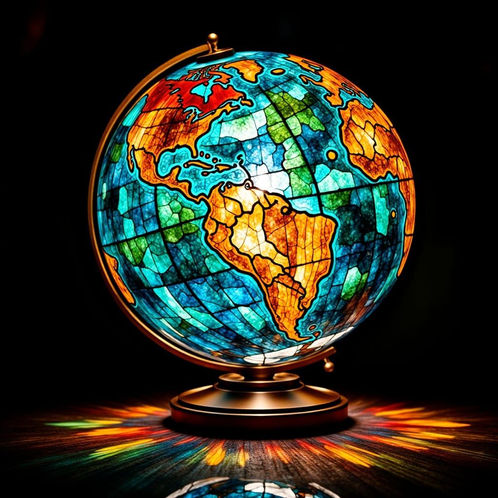Stained Glass Earth Globe Art Nouveau Style