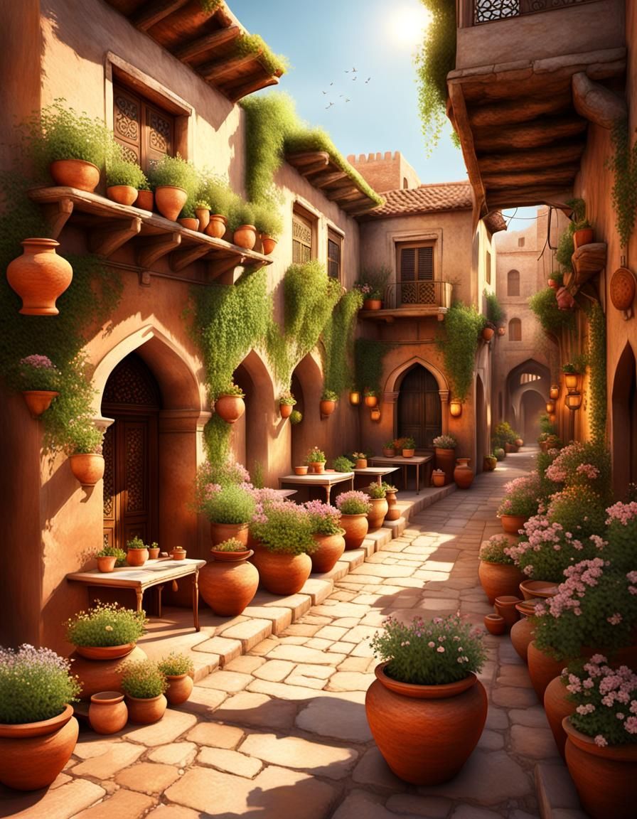 Bustling Arabic Courtyard Concept Art in Magical Realism