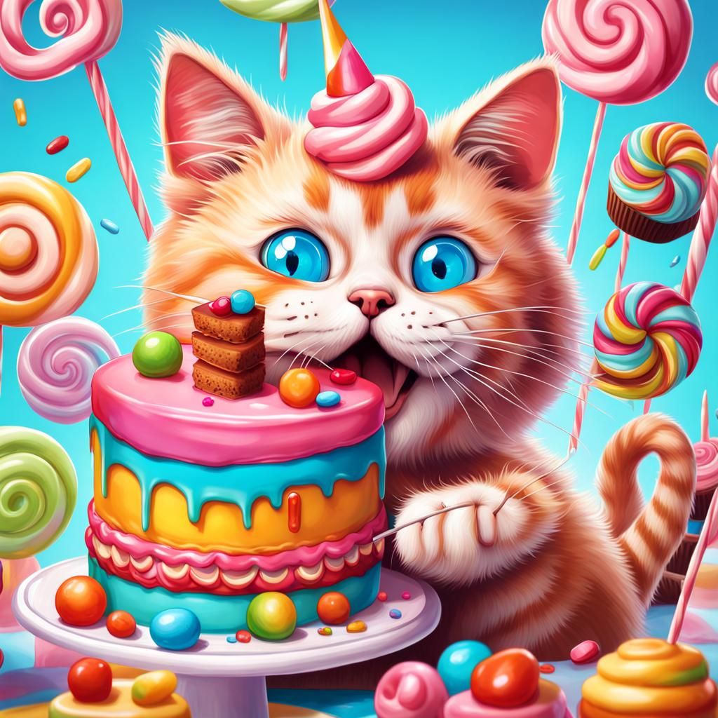 Cat Eating Cake in Candy Art Style