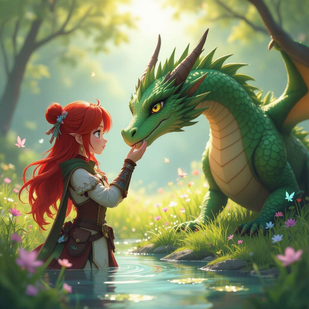 Ranger Girl Touches Dragon Nose in Pixie Meadow