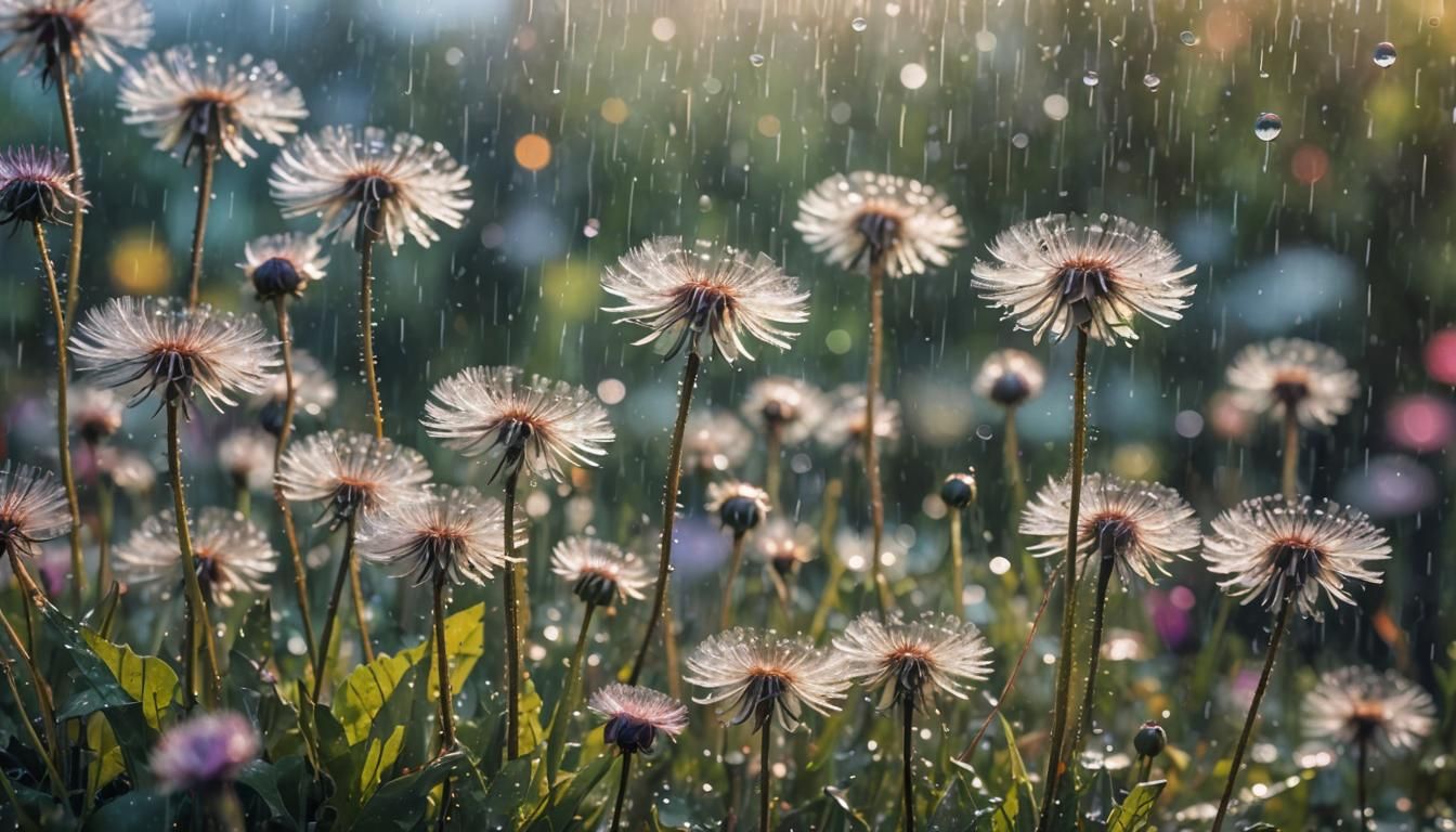 Iridescent Dandelions in Rain: Magical Realism Garden