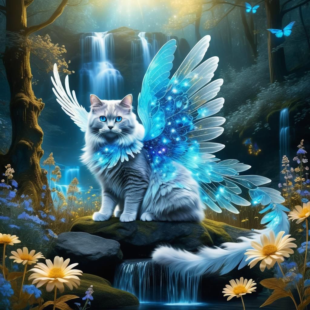 Bioluminescent Blue Angel Cat in Fantasy Forest