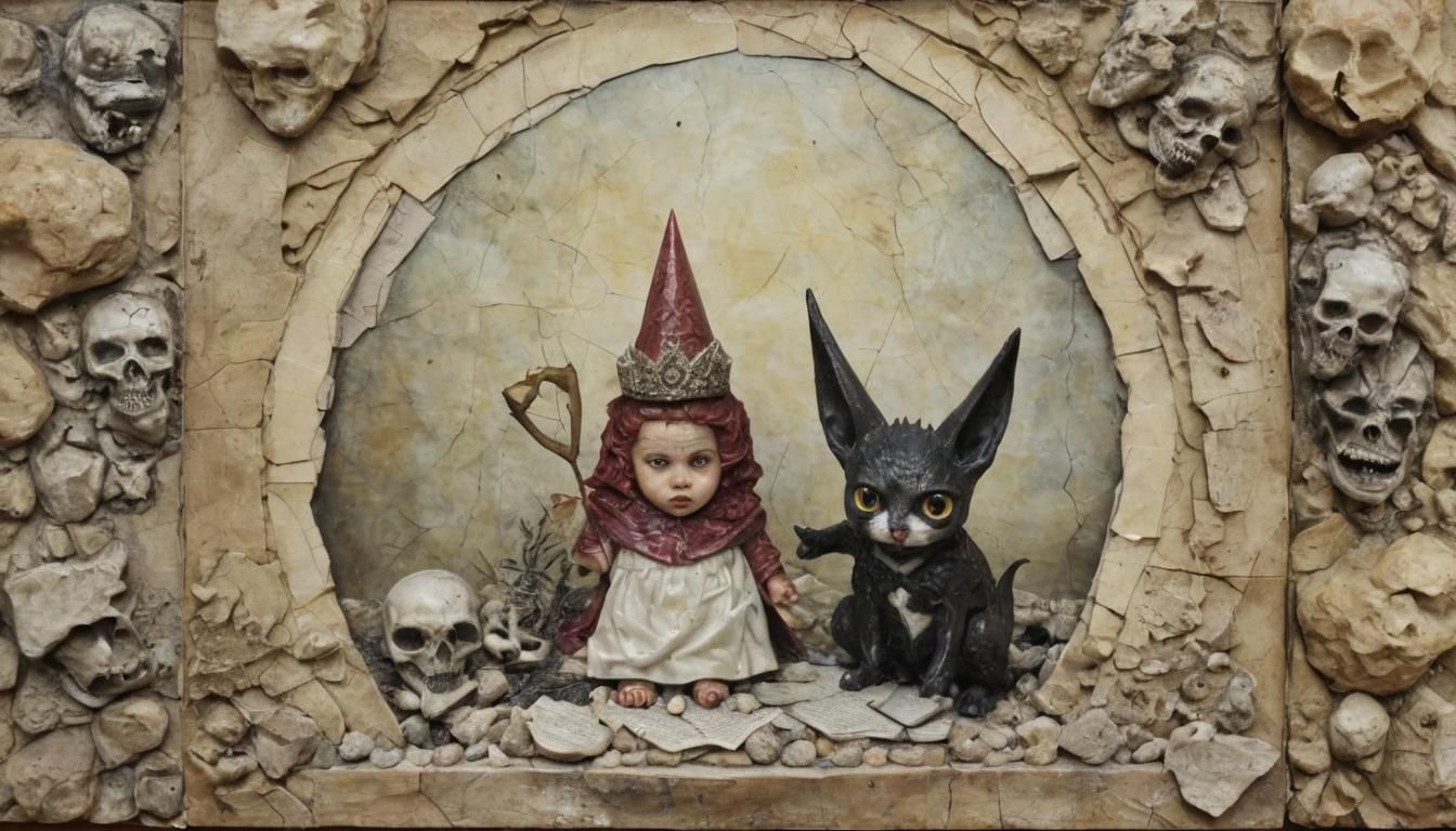 Diabolical Encaustic Collage of Chibi Stonemasons