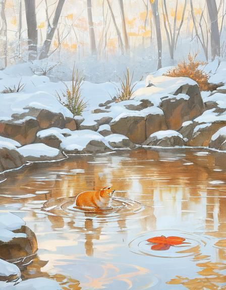 Orange Cat in Hot Spring: Group of Seven Painting