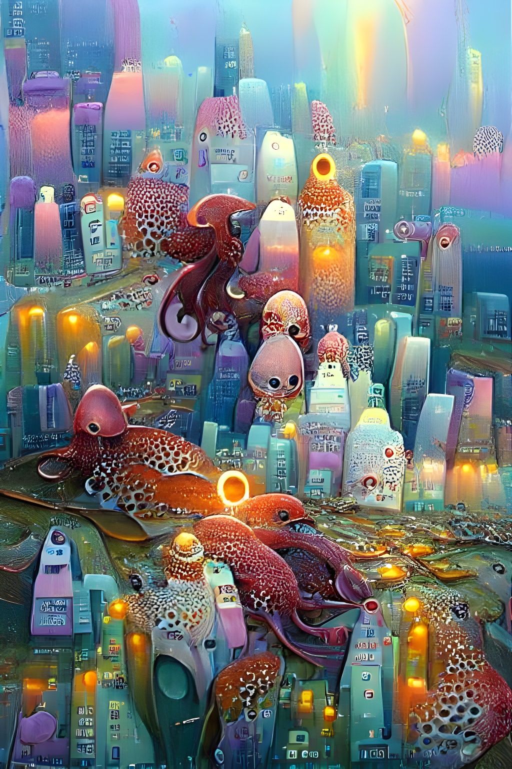 Underwater Octopus City in Pop Art Nouveau Style