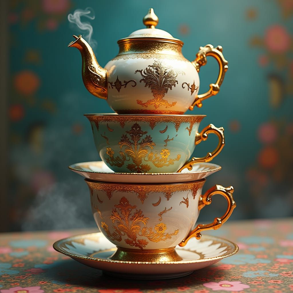 Whimsical Teacups with Mad Hatter Teapot, Detailed Matte Pai...
