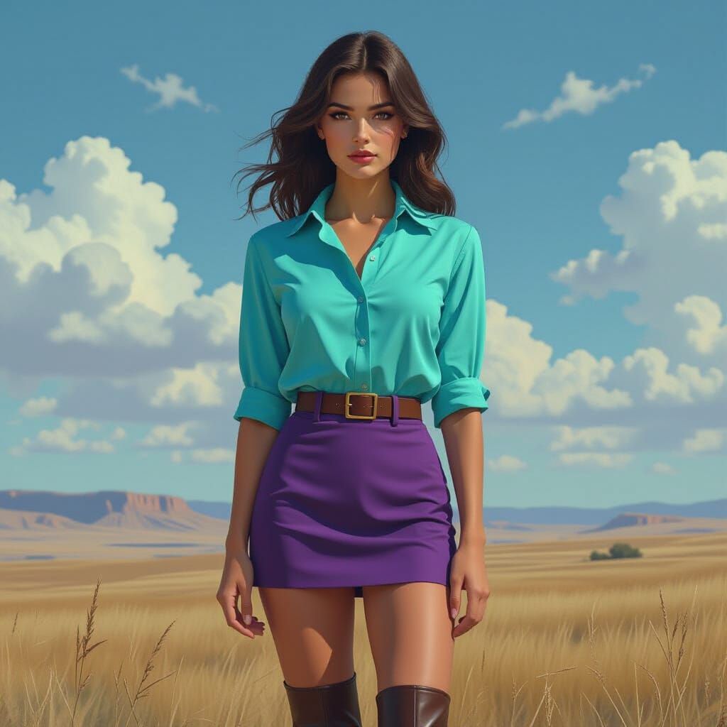 Stunning Woman in Colorful Landscape, Ultra-Realistic Render