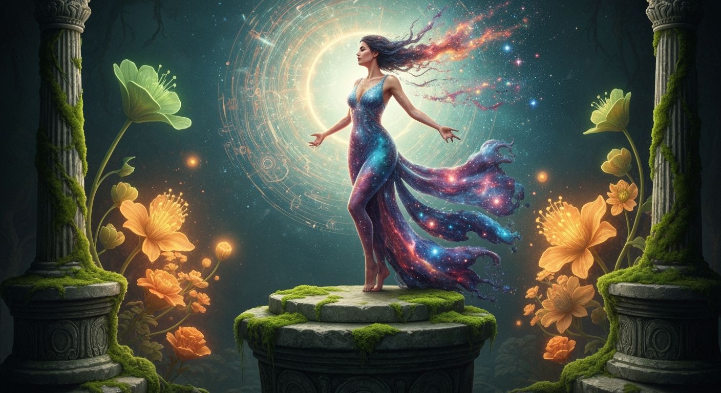 Celestial Transformation: Woman in Stardust Gown