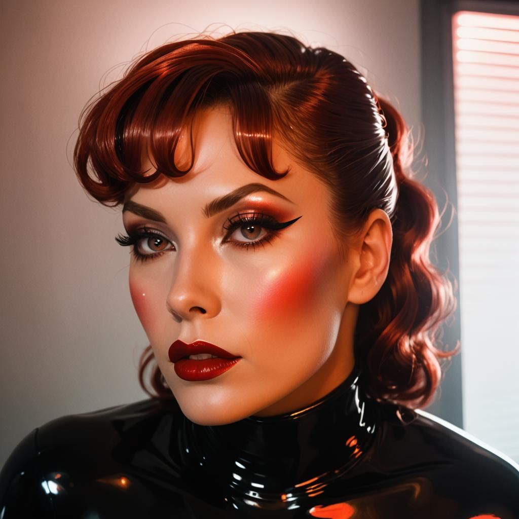 Glamorous Pin-Up in Latex Catsuit, Patrick Nagel Style