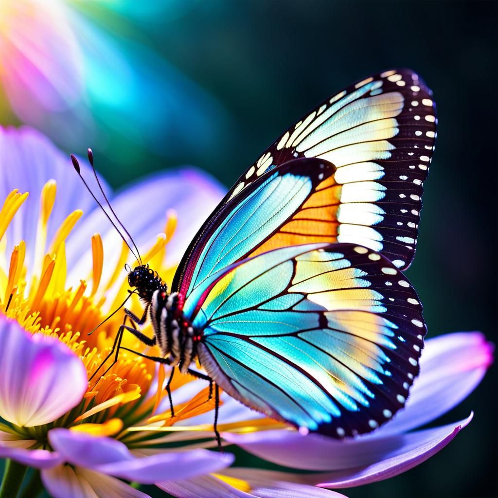 Fluorescent Butterfly on Iridescent Flower: Hyperrealistic D...