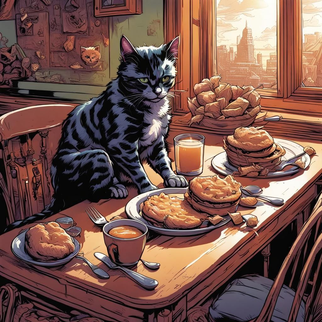 Cat Eating Breakfast in Comic Book Style