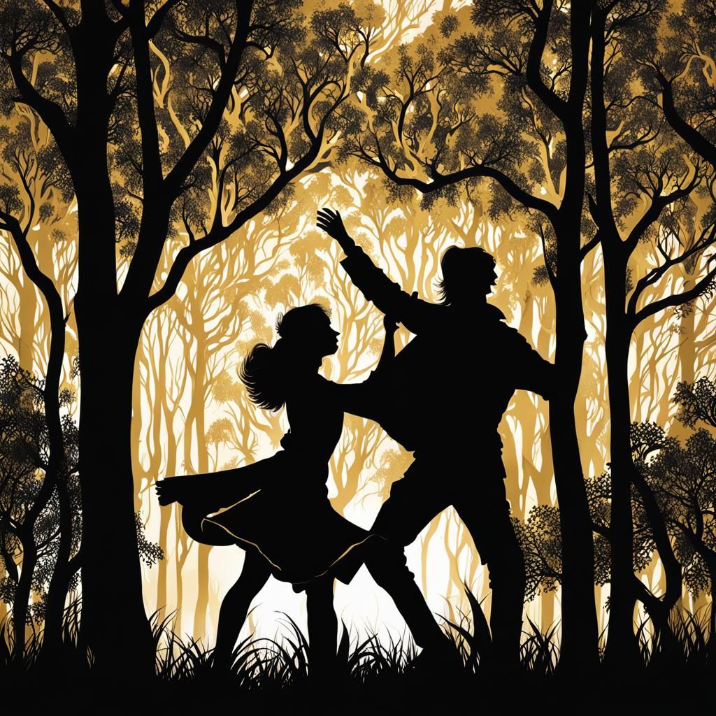 Silhouetted Lovers Dancing in Golden Forest, Foil Art