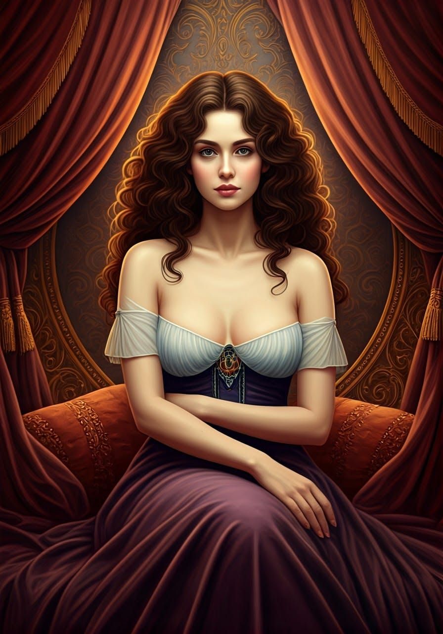 Elegant Woman in Velvet, Pre-Raphaelite Portrait